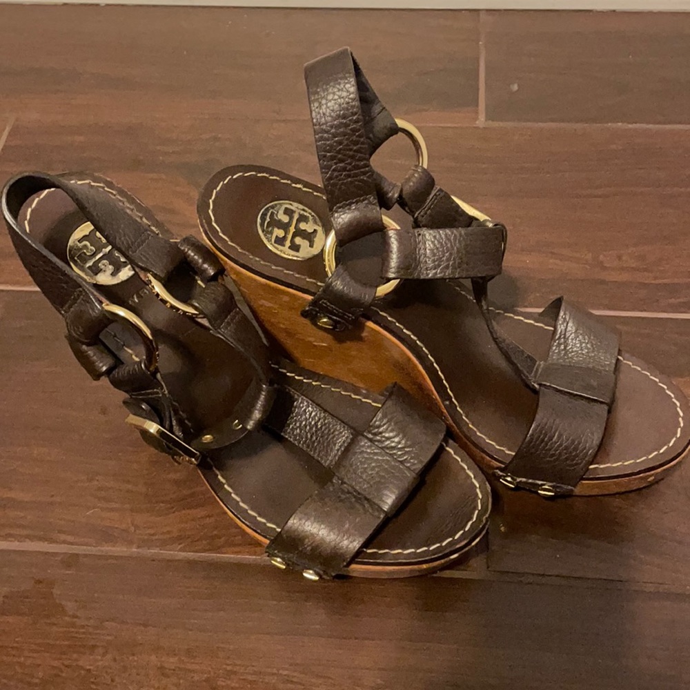 Tory Burch wooden wedge, brown leather, size 7.5